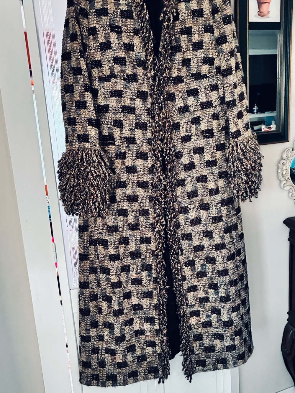 Escada Black and Cream Fringe-Trim Checkered Long Coat - Picture 2 of 8